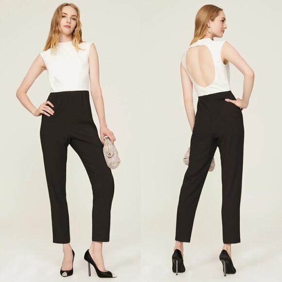 Hutch Open Back Jumpsuit Sleeveless Mock Neck Tapered Black & White Colorblock 8 - Picture 1 of 9